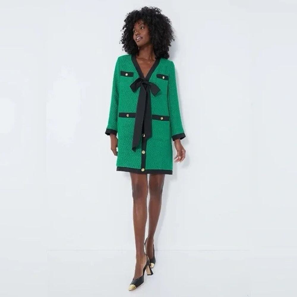 Pomander Place by Tuckernuck Green Coco Tweed Bow Dress Long Sleeve Small